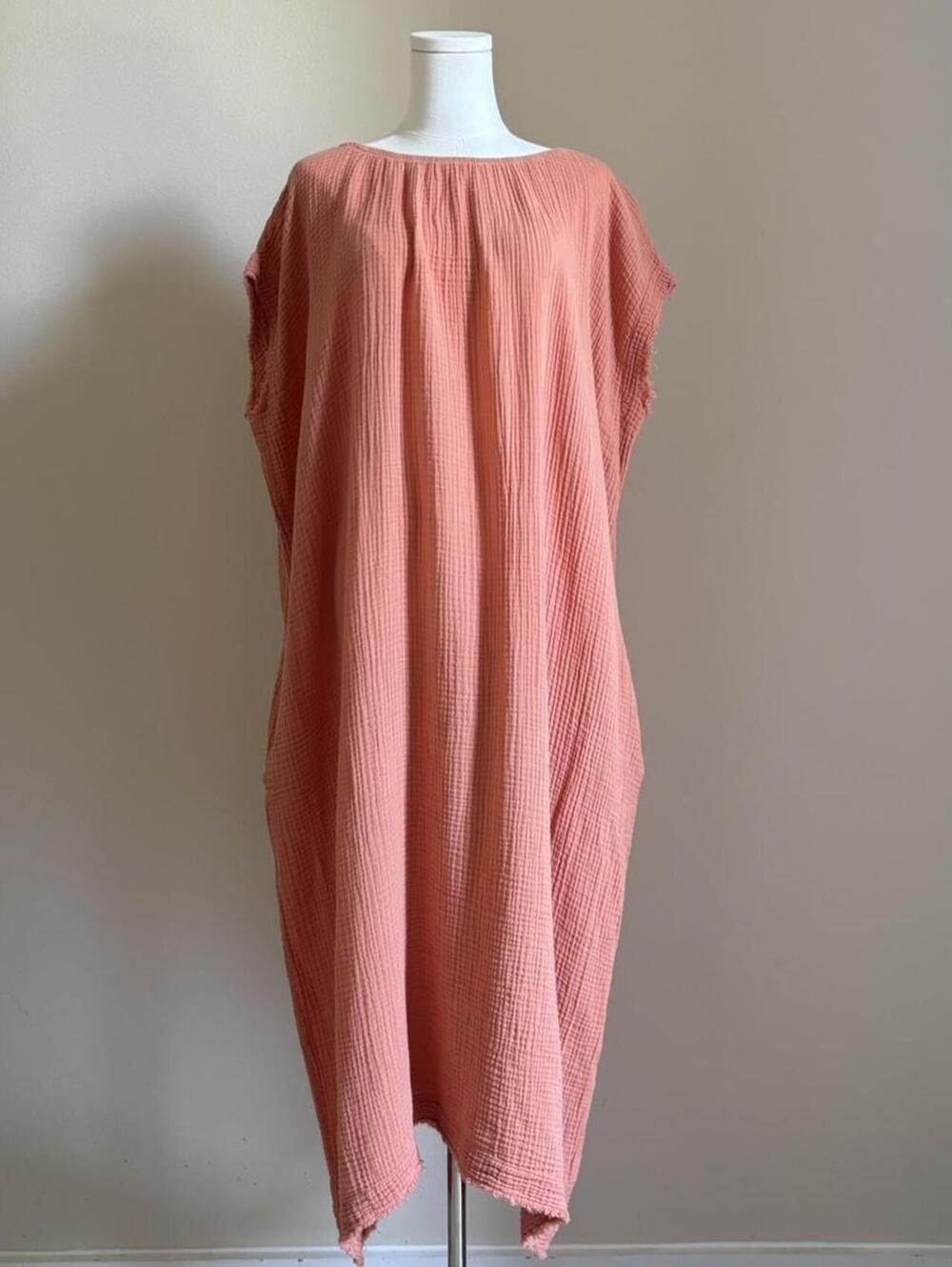 9seed Gauze Cotton Caftan Dress Coral Pink One Size Made in California